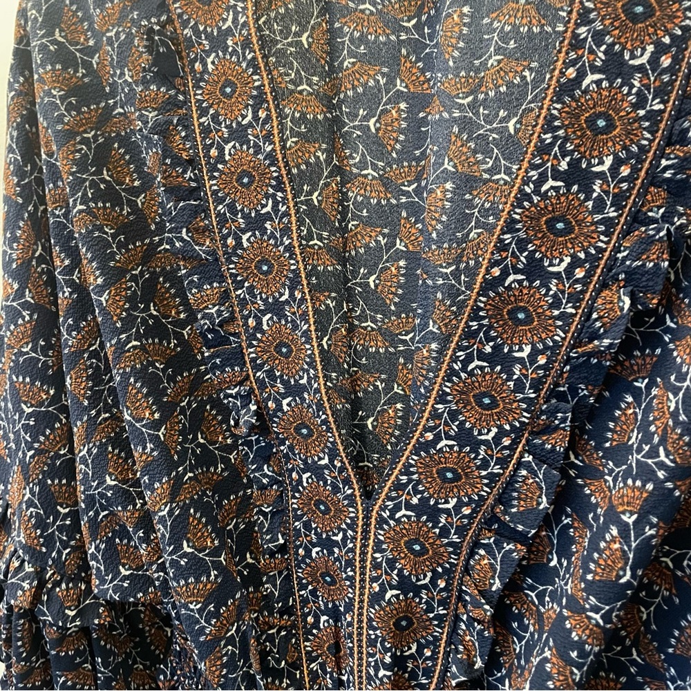 Max Studio Botanical Floral Navy and brown Boho Midi Dress Size M Like New